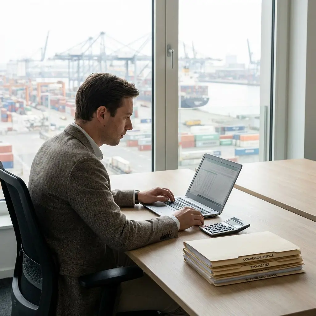 Een man in een colbert zit aan een houten bureau te werken op een laptop, met op de voorgrond een stapel mappen waarop "Commercial Invoice", "Packing List" en "Shipping Documents" staat geschreven. Op zijn bureau ligt ook een rekenmachine. Achter hem is door een groot raam een drukke zeehaven te zien met containers, kranen en een schip.